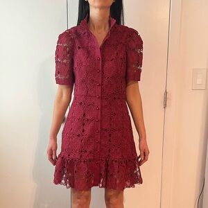 Aqua Burgundy Lace Button-Front Dress
